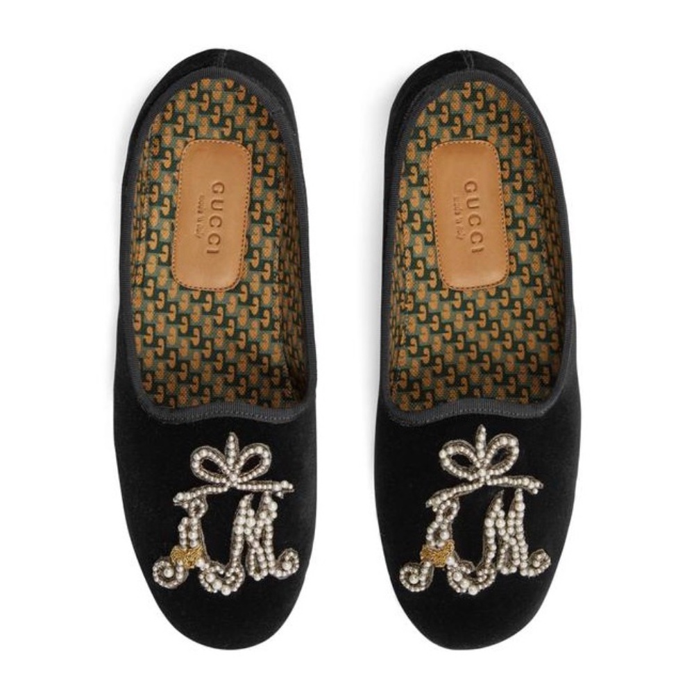 Gucci Black Velvet Am Appliqué Loafers Flats - Picture 2 of 9